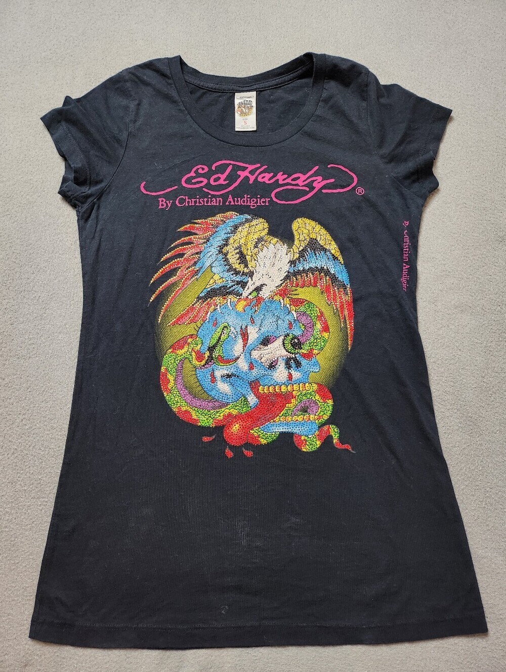 Ed Hardy T Shirt VTG Y2K Rhinestone Bedazzled Skull Graphic USA Made Sz Small